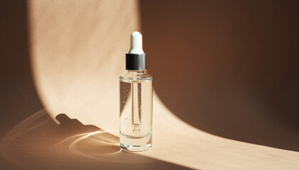 Clear glass dropper bottle filled with a transparent serum or oil, casting shadows on a warm beige background, symbolizing skincare, beauty, and cosmetic products.