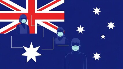 Australian citizens in face masks practice social distancing against a graphic Australian flag background.