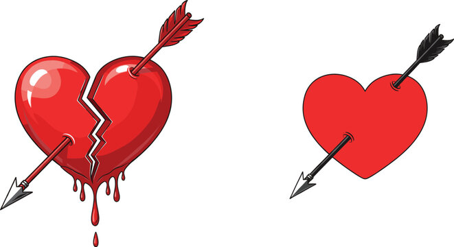 Vector illustration of pierced hearts featuring a broken bleeding heart and a simple arrowed heart symbolizing love, pain, and romance