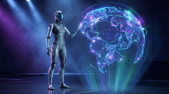 Humanoid robot interacting with a digital globe symbolizing global technology and innovation, suitable for tech presentations and future concepts.