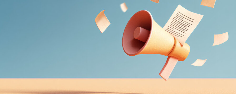 Illustration of a megaphone with a document flying alongside, featuring smooth textured surfaces and a vibrant color palette