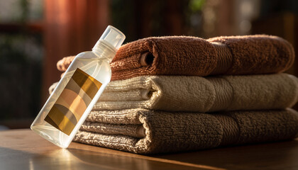 Clear spray bottle with a blank label leaning against a stack of soft, freshly folded brown and beige towels on a wooden surface, bathed in warm natural light, suggesting comfort and cleanliness.