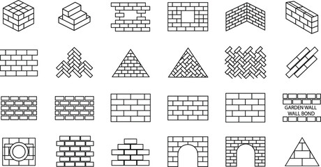 Collection of brick wall line art icons featuring various masonry patterns, structures, arches, blocks, and construction elements in vector style © MdRazaul