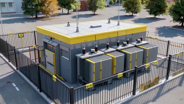 Industrial electrical equipment enclosure in fenced facility with transformer.