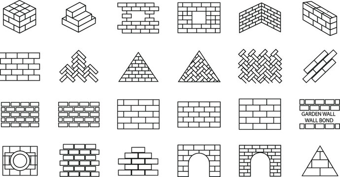 Collection of brick wall line art icons featuring various masonry patterns, structures, arches, blocks, and construction elements in vector style