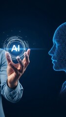 Person holding a glowing A I symbol with a futuristic digital face in the background