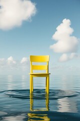 Minimalist Surreal Yellow Chair Floating on Calm Ocean &ndash; Conceptual Stillness Scene