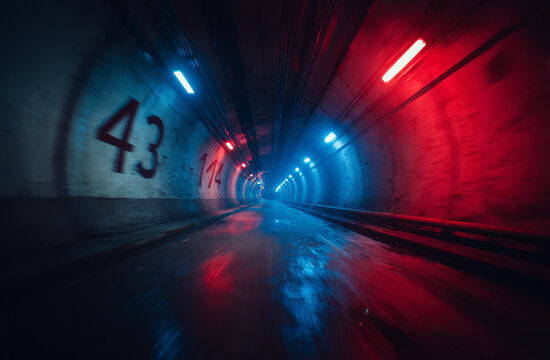 Long underground tunnel with illuminated red and blue lights, concrete walls, and a number '43' painted on the side, creating a futuristic and atmospheric passageway