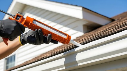 Person Applying White Sealant to Roof with Orange Caulking Gun