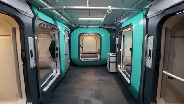 Futuristic teal capsule train interior with sleeping pods.