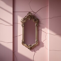 Ornate Vintage Mirror on Cracked Pastel Wall &ndash; Surreal Luxury Interior Concept