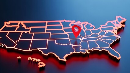 Neon outline map of the U S A with a red location pin in Wisconsin