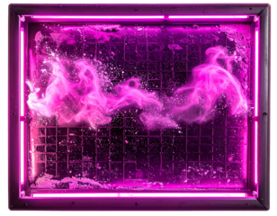 Rectangular neon-lit frame holding a smoky pink abstract design