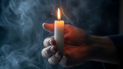 Hands Holding a Lit White Candle with Smoke in the Background
