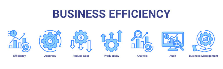 Fototapeta premium Business Efficiency banner illustrating productivity improvement, cost reduction, and performance analysis icons