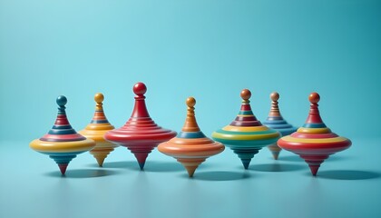 Toy spinning tops collection, vibrant stripes, studio light
