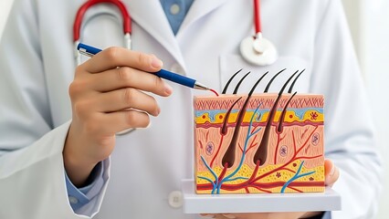 Doctor pointing at a model of human skin with a pen