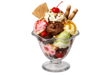 Ice cream sundae with multiple scoops and toppings