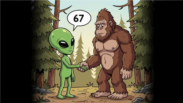 Cartoon Alien and Bigfoot Shaking Hands in a Forest, with a Speech Bubble Saying "67", Depicting Cryptid and Extraterrestrial Encounter