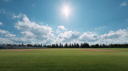 Beautiful landscape of a baseball field. the sky is blue with a few white clouds scattered across it. the sun is shining brightly in the top right corner of the image, creating a warm glow.