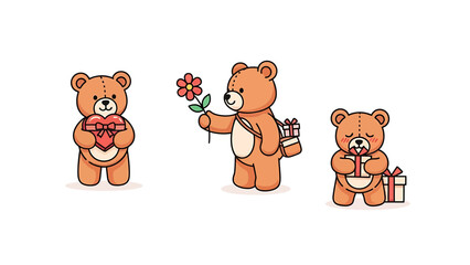 Obraz premium Three cartoon bears holding gifts and flowers in a sweet gesture
