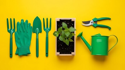 Green gardening tools and plant on yellow background