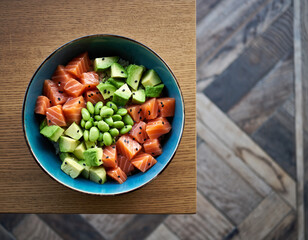 Healthy food: salmon, avocado, and edamame