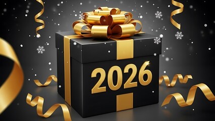 Black and gold gift box with 2026 on it surrounded by golden ribbons and snowflakes