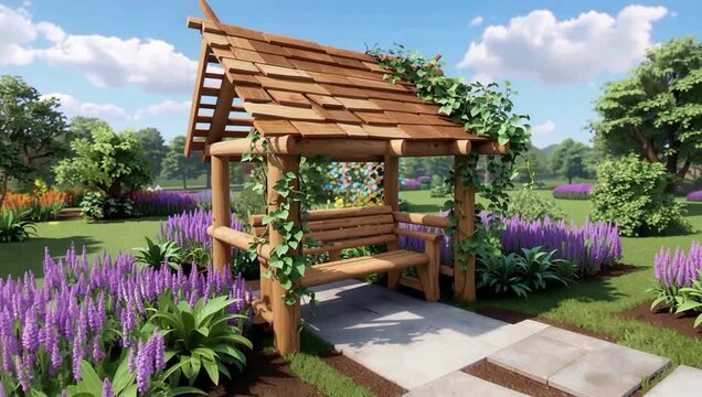 Wooden Garden Arbor With Benches in Blooming Landscape.