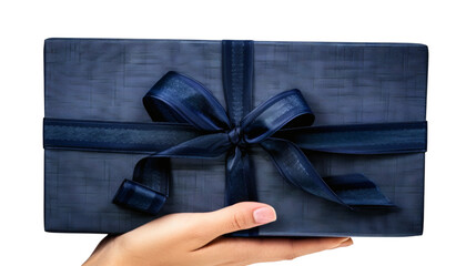 Hand holding a blue gift box with a shiny ribbon isolated on a white background