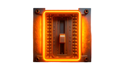 A glowing rectangular control panel with a switch and orange accents