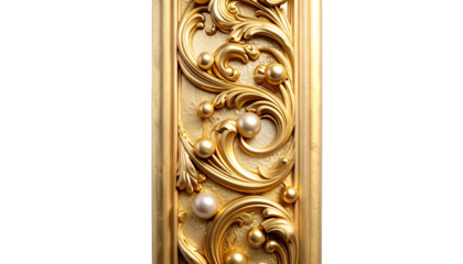 Ornate gold scrollwork with pearl-like accents and framed in gold