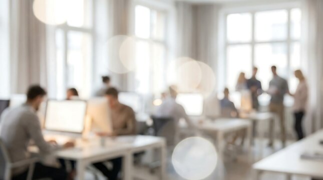 A bright, blurred open-plan office scene with employees focused on tasks and discussions, conveying a productive and collaborative workspace. - Powered by Adobe