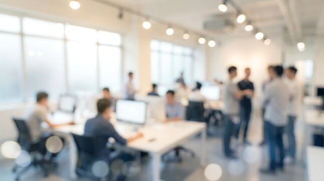 A blurred image of a bright, modern open office shows employees working at desks and standing, creating a lively and collaborative workplace.