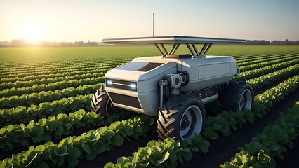 Autonomous farming robot in a green vegetable field at sunset