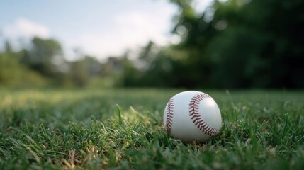 White baseball lying on a patch of green grass. the baseball is in focus, while the background is blurred, but it appears to be a baseball field with trees and a blue sky.