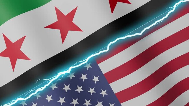 Two waving flags Syria and United States with diagonal lightning 4k loop