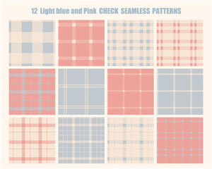 水色とピンクカラーのチェック柄シームレスパターンセット	
