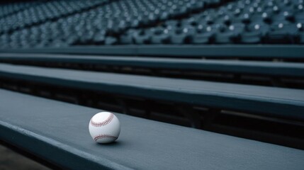 Single white baseball resting on a gray bench in a baseball stadium. the bench appears to be empty, with rows of empty seats visible in the background.