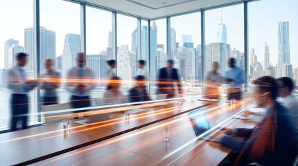 Motion-blurred business professionals gather in a sleek, modern office conference room, with bright digital lines symbolizing data flow and rapid technological advancement.