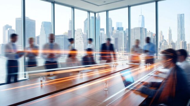 Motion-blurred business professionals gather in a sleek, modern office conference room, with bright digital lines symbolizing data flow and rapid technological advancement. - Powered by Adobe