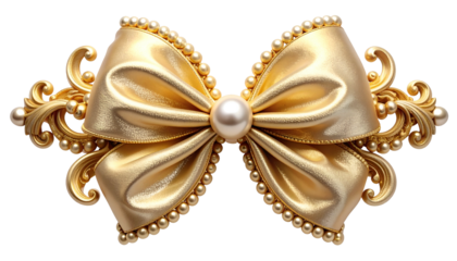 Luxurious gold bow with pearl accents and ornate filigree on a transparent background