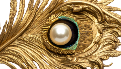 Ornate gold peacock feather with pearl eye, dramatic lighting
