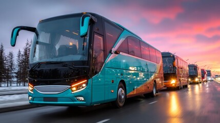 Fototapeta premium Sunset backlit scene of a line of parked buses