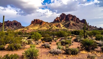 Fototapeta premium A desert landscape with mountains, cacti, and shrubs under a cloudy sky