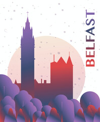 Belfast, Northern Ireland UK gradient futuristic poster. Vector landmark abstract silhouette graphic for brochure, vertical page, booklet, cover