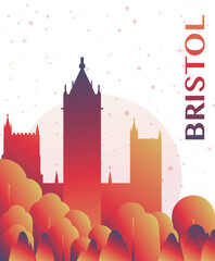 Bristol, England UK gradient futuristic poster. Vector landmark abstract silhouette graphic for brochure, vertical page, booklet, cover