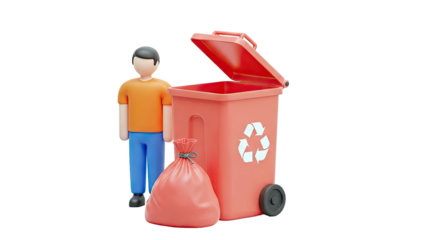 3D illustration of person with trash can and garbage bag
