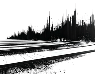 Black and white abstract landscape with pixelated forms and lines