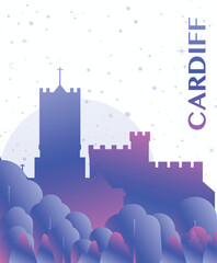 Cardiff, Wales UK gradient futuristic poster. Vector landmark abstract silhouette graphic for brochure, vertical page, booklet, cover